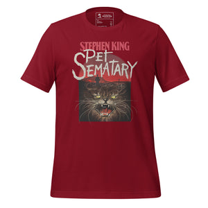 Front view of literary-inspired T-shirt featuring first edition book cover artwork from Stephen King Pet Sematary Red