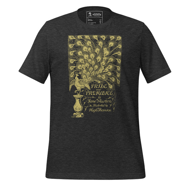 Front view of literary-inspired T-shirt featuring book cover artwork from Jane Austen Pride and Prejudice grey