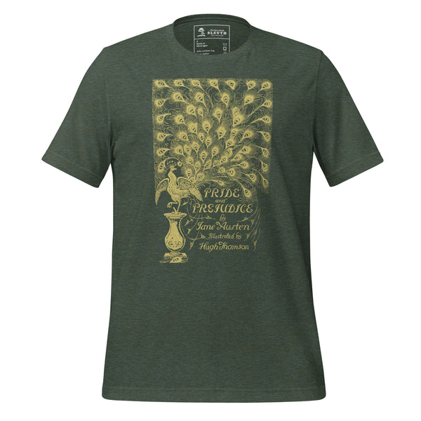 Front view of literary-inspired T-shirt featuring book cover artwork from Jane Austen Pride and Prejudice green