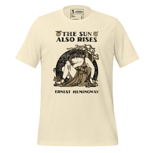 Front view of literary-inspired T-shirt featuring book cover artwork from Ernest Hemingway The Sun Also Rises