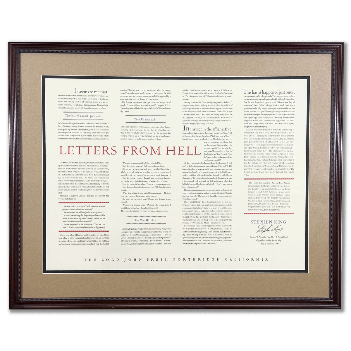 Letters from Hell, Stephen King. Signed Limited Edition Broadside ...