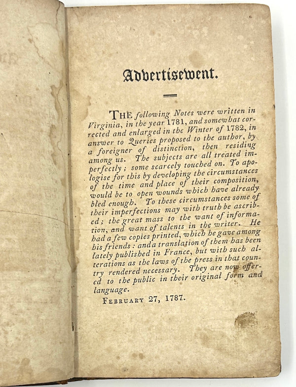 Notes on the State of Virginia, Thomas Jefferson. First Edition Thus.