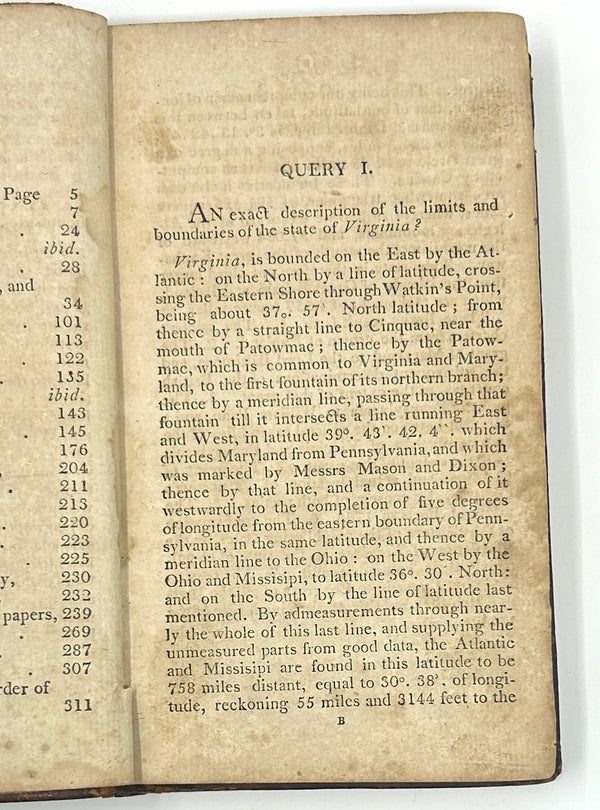 Notes on the State of Virginia, Thomas Jefferson. First Edition Thus.