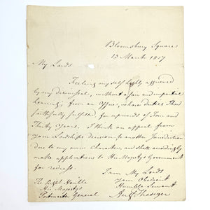 Augustus Thesiger Autograph Letter Signed (ALS) Protesting His Post Office Dismissal, 1817