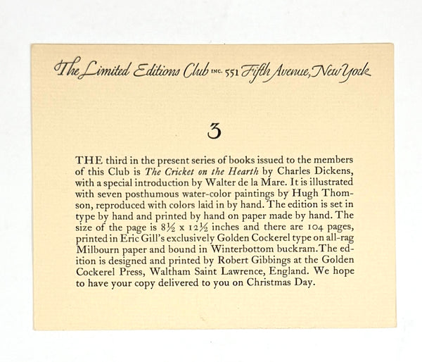 The Cricket on the Hearth, Charles Dickens. Illustrated by Hugh Thomson. Limited Editions Club.