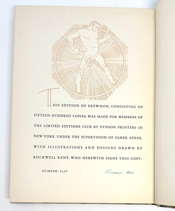 Erewhon, Samuel Butler. Illustrated and Signed by Rockwell Kent. Limited Editions Club.