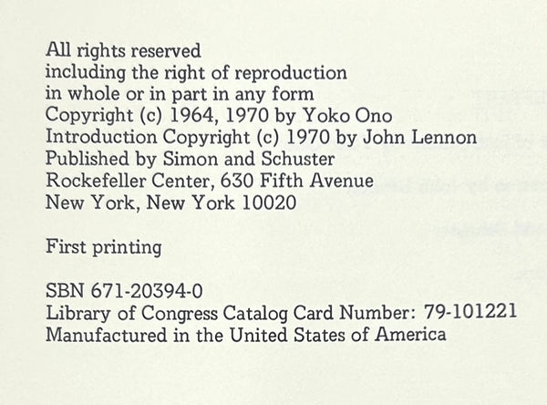 Grapefruit, Yoko Ono. First American Edition.
