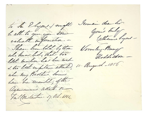 Autograph Letter Signed by Catharine Lyons Regarding Admiral Lyons’s Military Service