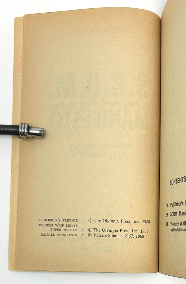 S.C.U.M. Manifesto: Society for Cutting Up Men, Valerie Solanas. First Trade Edition.