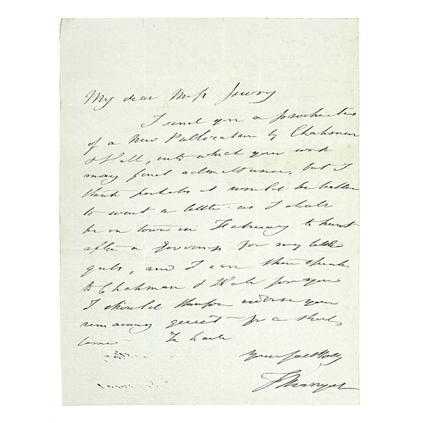 Captain Frederick Marryat - Autograph Letter Signed, to “Mrs. Jewry” re: Publisher Chapman & Hall