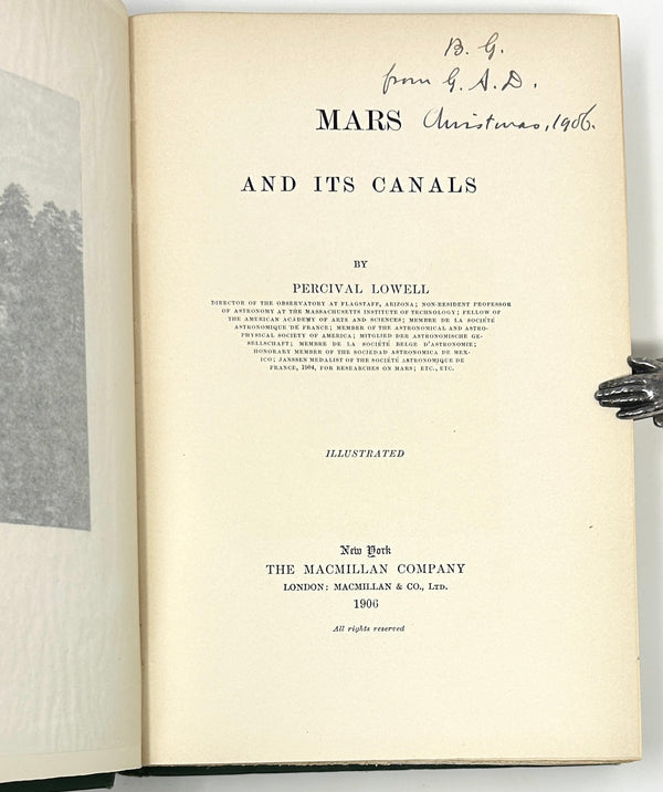 Mars and Its Canals, Percival Lowell. First Edition w/ Two Page Autograph Letter Signed