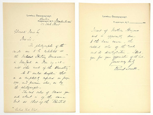 Mars and Its Canals, Percival Lowell. First Edition w/ Two Page Autograph Letter Signed