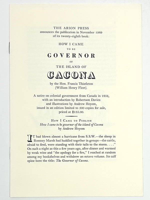 How I Came to be Governor of Cacona, Hon. Francis Thistleton (William Henry Fleet). Arion Press Edition.