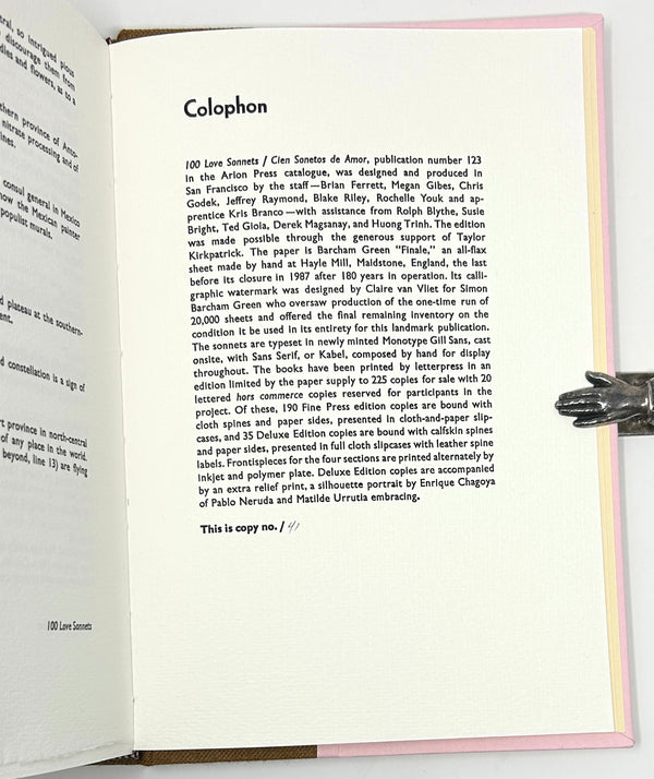 100 Love Sonnets, Pablo Neruda. Arion Press Limited Edition.