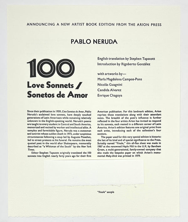 100 Love Sonnets, Pablo Neruda. Arion Press Limited Edition.