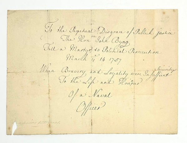 Autograph Memorial Inscription by Admiral Lord Anson on the Execution of John Byng