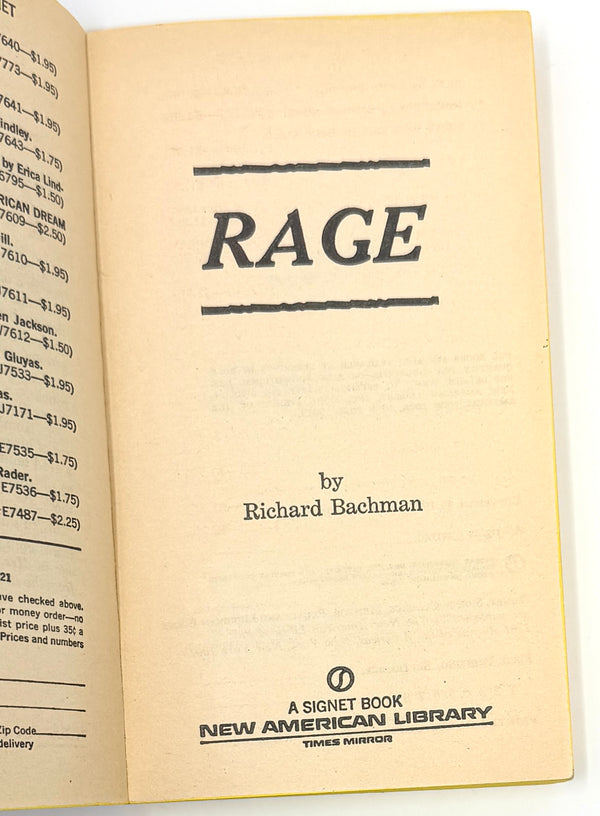 Rage, Richard Bachman (Stephen King). First Edition.