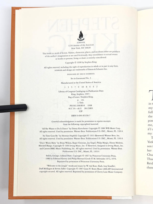 Bag of Bones, Stephen King. Signed First Edition.