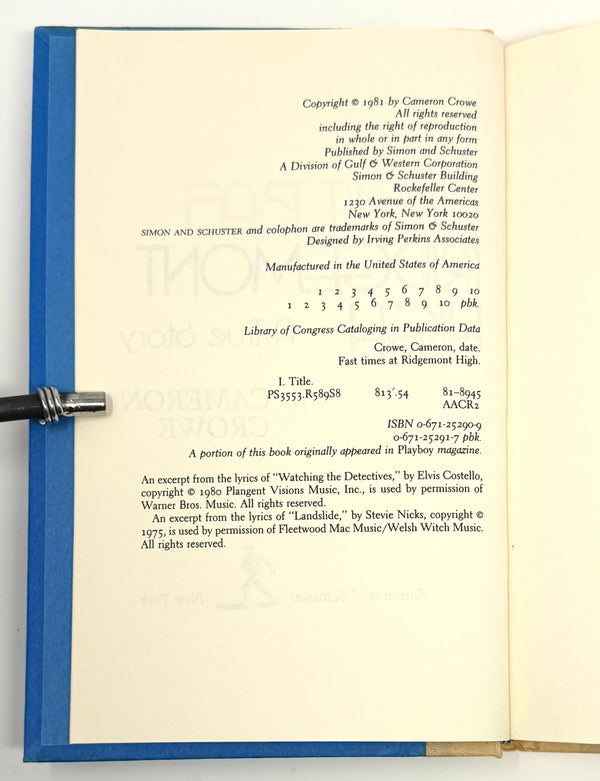 Fast Times at Ridgemont High, Cameron Crowe. First Edition.
