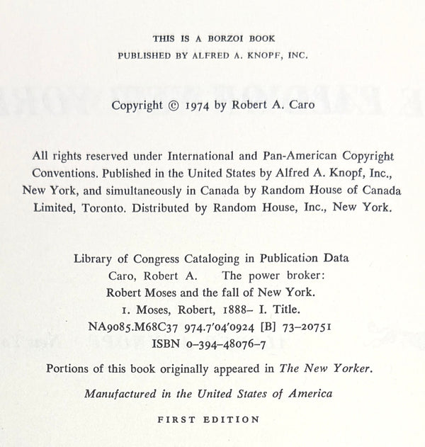 The Power Broker, Robert Caro. Signed First Edition.