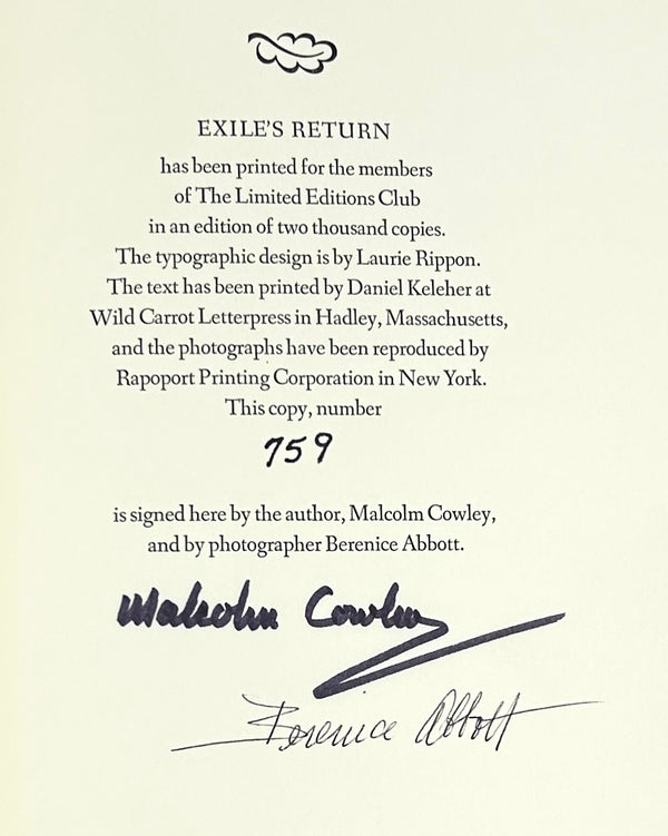 Exile's Return, Malcolm Cowley with Photographs by Berenice Abbott. Signed Limited Editions Club.