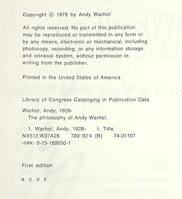 The Philosophy of Andy Warhol. Signed First Edition.