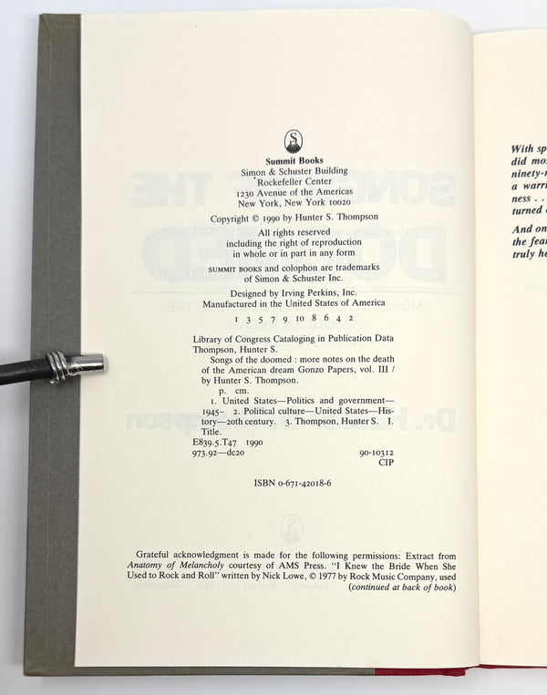 Songs of the Doomed, Hunter S. Thompson. Signed & Inscribed First Edition.