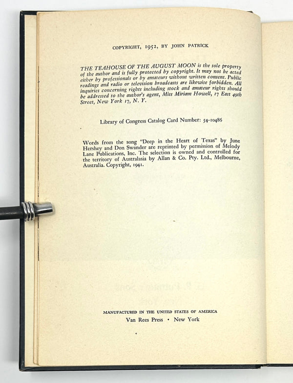 The Teahouse of othe August Moon, John Patrick. First Edition, Signed by Patrick and Entire Broadway Cast.