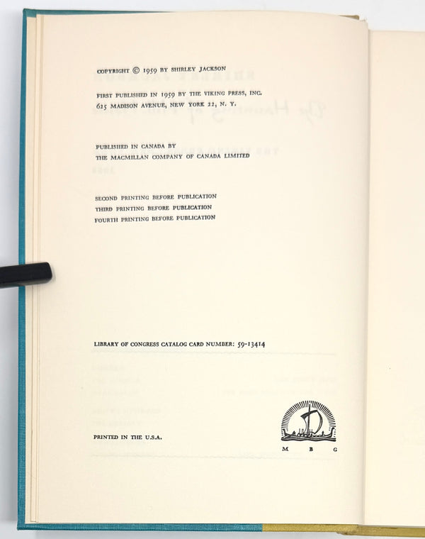 The Haunting of Hill House, Shirley Jackson. First Edition, Fourth Printing.