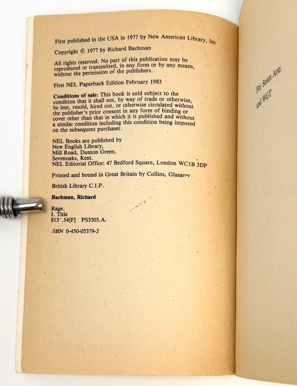 Rage, Richard Bachman (Stephen King). First UK Edition.