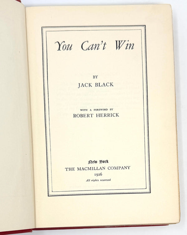 You Can't Win, Jack Black. First Edition.