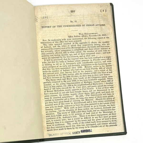 Report of The Commissioner of Indian Affairs: No. 11 ~ 1841. First Edition.