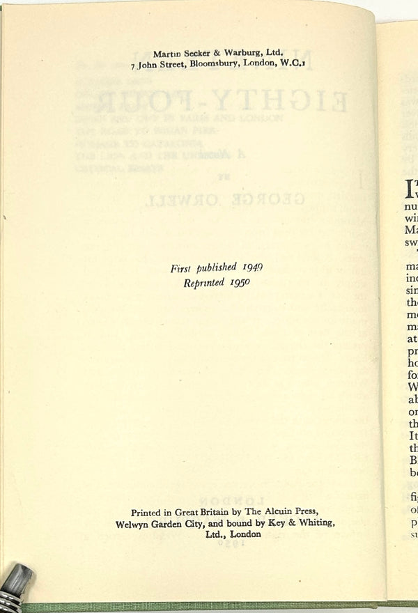 Nineteen Eighty-Four, George Orwell. First UK Edition, Second Printing.