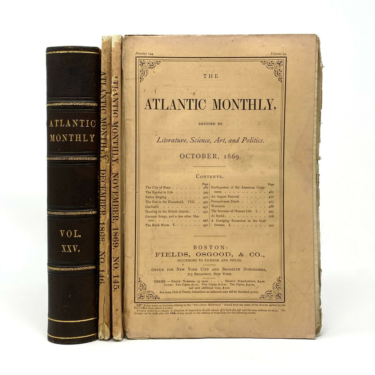 A bound volume and October 1869 issue of The Atlantic Monthly