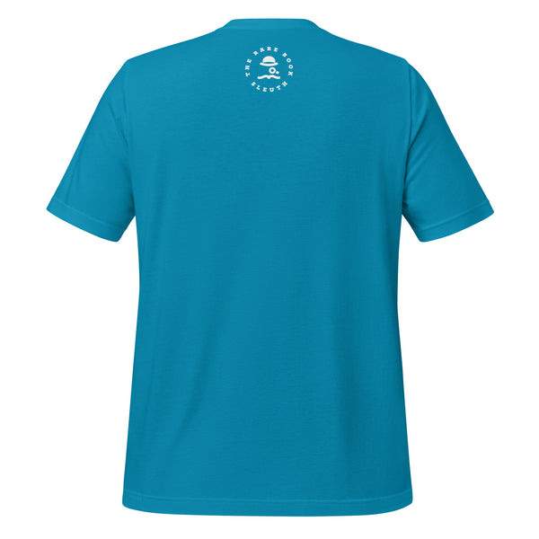 Back view of literary-inspired T-shirt featuring the book cover from The Greaty Gatsby by F. Scott Fitzgerald Aqua