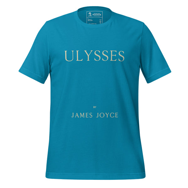 Front view of literary-inspired T-shirt featuring book cover artwork from James Joyce Ulysses aqua