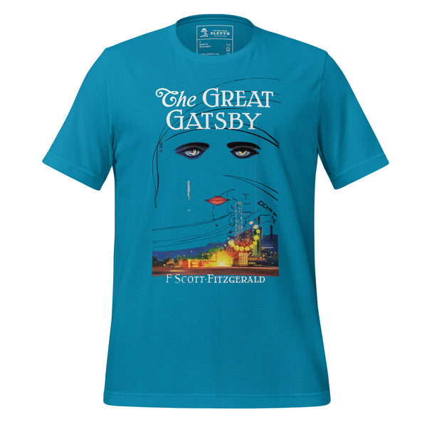 Front view of literary-inspired T-shirt featuring the book cover from The Greaty Gatsby by F. Scott Fitzgerald Aqua