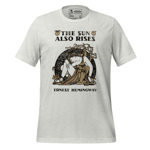 Front view of literary-inspired T-shirt featuring book cover artwork from Ernest Hemingway The Sun Also Rises ash