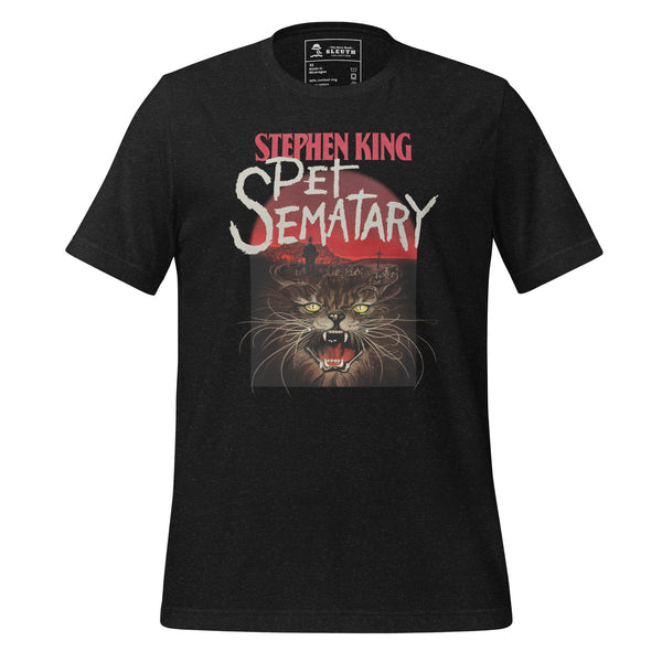 Front view of literary-inspired T-shirt featuring first edition book cover artwork from Stephen King Pet Sematary Black Heather
