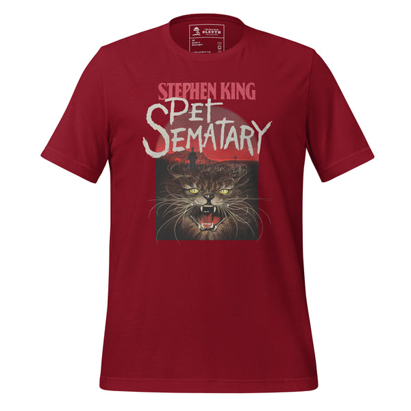 Front view of literary-inspired T-shirt featuring first edition book cover artwork from Stephen King Pet Sematary Red