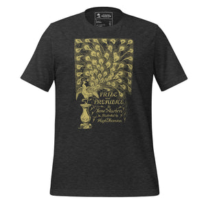 Front view of literary-inspired T-shirt featuring book cover artwork from Jane Austen Pride and Prejudice grey
