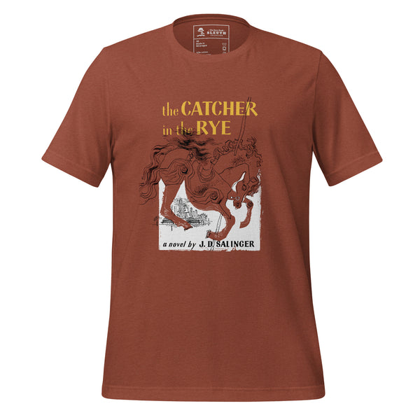 Front view of literary-inspired T-shirt featuring book cover artwork from J.D. Salinger The Catcher in the Rye clay