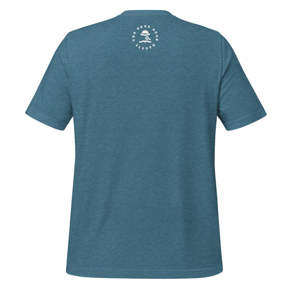 Back view of literary-inspired T-shirt featuring the book cover from The Greaty Gatsby by F. Scott Fitzgerald Teal