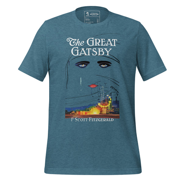 Front view of literary-inspired T-shirt featuring the book cover from The Greaty Gatsby by F. Scott Fitzgerald Teal
