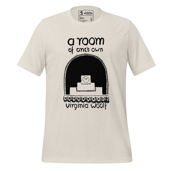 Front view of literary-inspired T-shirt featuring book cover artwork from Virginia Woolf A Room of One's Own 