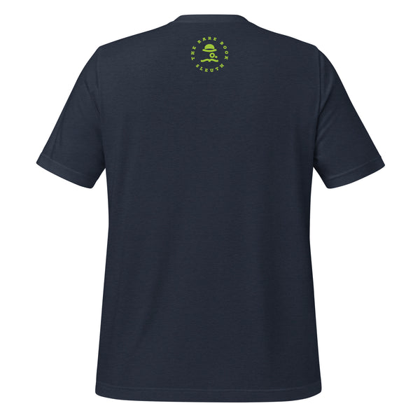 Front view of literary-inspired T-shirt featuring book cover artwork from Tom Wolfe The Electric Kool-Aid Acid Test navy