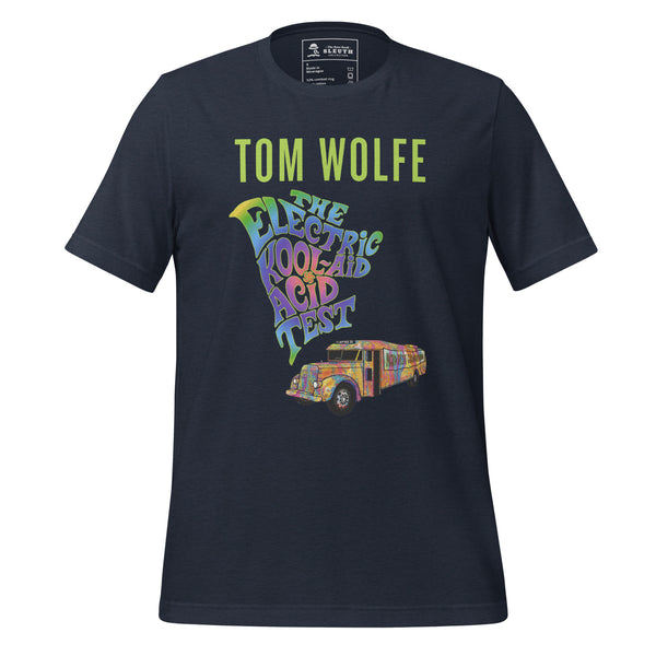 Front view of literary-inspired T-shirt featuring book cover artwork from Tom Wolfe The Electric Kool-Aid Acid Test navy
