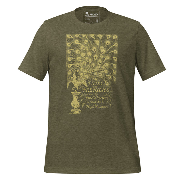 Front view of literary-inspired T-shirt featuring book cover artwork from Jane Austen Pride and Prejudice olive