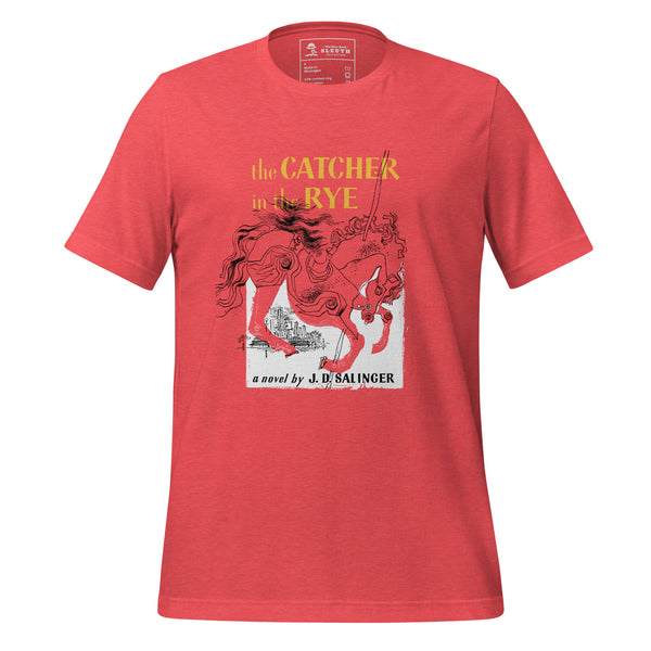 Front view of literary-inspired T-shirt featuring book cover artwork from J.D. Salinger The Catcher in the Rye heather red