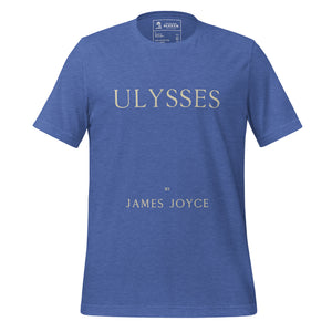 Front view of literary-inspired T-shirt featuring book cover artwork from James Joyce Ulysses royal blue